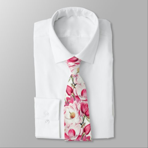 Watercolor Pink Magnolia Flowers Pattern Neck Tie