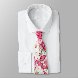 Watercolor Pink Magnolia Flowers Pattern Neck Tie