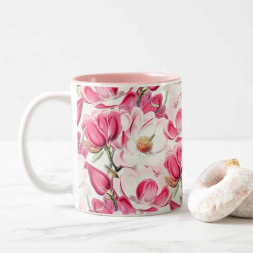 Watercolor Pink Magnolia Flowers Pattern Two_Tone Coffee Mug