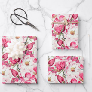 Watercolor Pink Magnolia Flowers Pattern Wrapping Paper Sheets