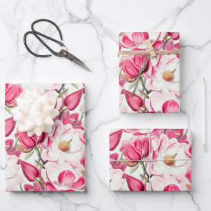 Watercolor Pink Magnolia Flowers Pattern Wrapping Paper Sheets