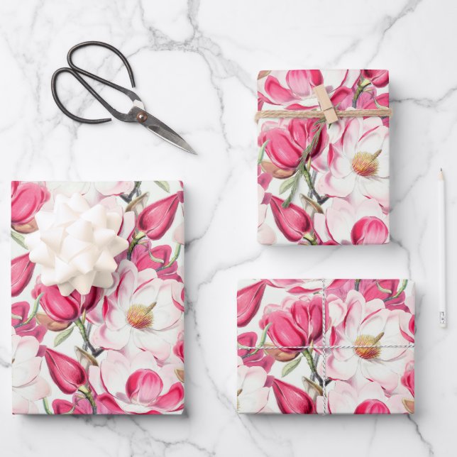 Watercolor Pink Magnolia Flowers Pattern Wrapping Paper Sheets (Front)