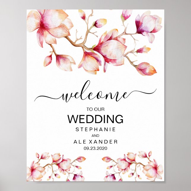 Watercolor Pink Magnolia Flowers Poster (Front)