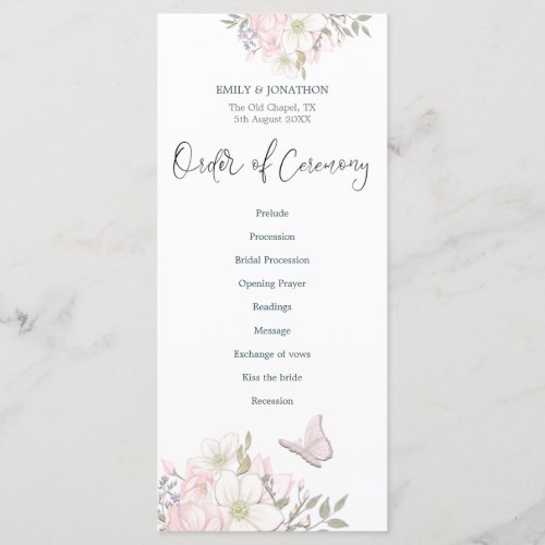 Watercolor Pink Magnolias Butterfly Script Wedding Program