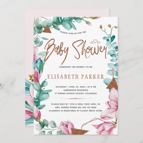 Watercolor pink magnolias copper baby girl shower invitation