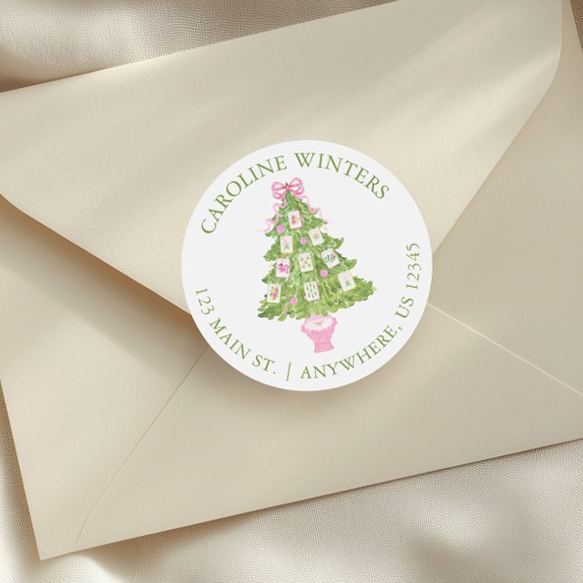 Watercolor Pink Mahjong Christmas Tree Address Classic Round Sticker (Creator Uploaded)