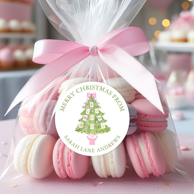 Watercolor Pink Mahjong Christmas Tree Gift Classic Round Sticker (Creator Uploaded)