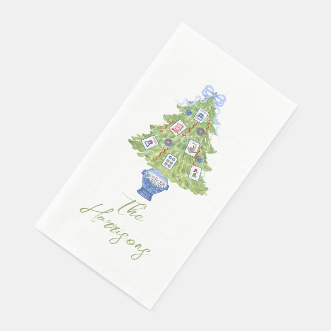 Watercolor Pink Mahjong Christmas Tree Party Paper Guest Towels (Corner)