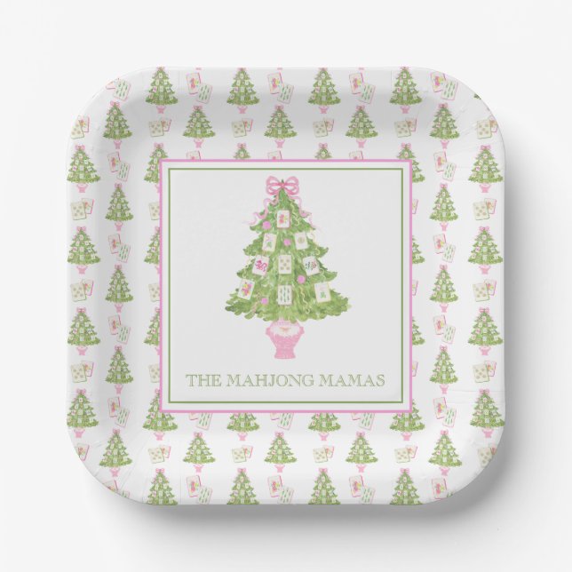 Watercolor Pink Mahjong Christmas Tree Party Paper Plates (Front)