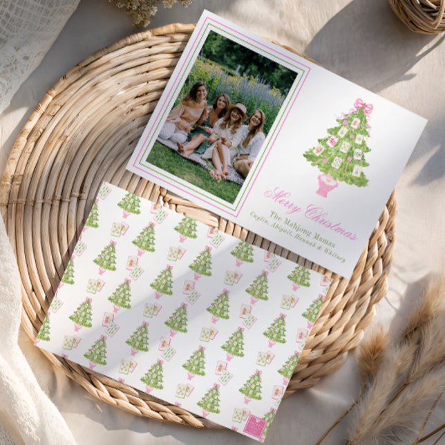 Watercolor Pink Mahjong Christmas Tree Photo Holiday Card (Creator Uploaded)