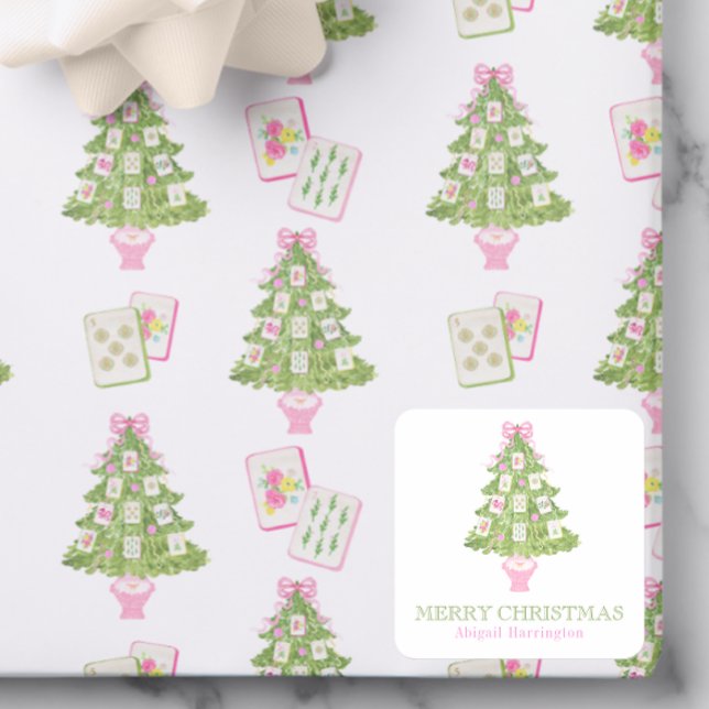 Watercolor Pink Mahjong Christmas Tree Square Sticker (Creator Uploaded)