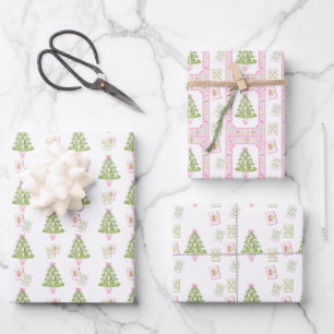 Watercolor Pink Mahjong Christmas Tree Wrapping Paper Sheets