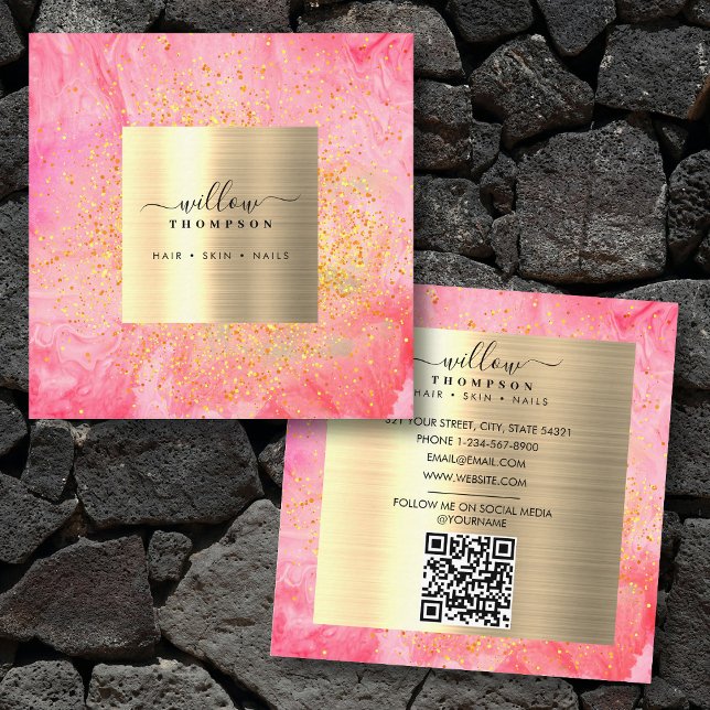 Watercolor Pink Marble Faux Gold Glitter QR Code Square Business Card (Watercolor Pink Marble Faux Gold Glitter QR Code Square Business Card)