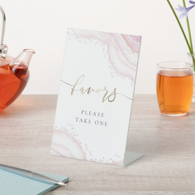 watercolor pink marble favors pedestal sign (In SItu)