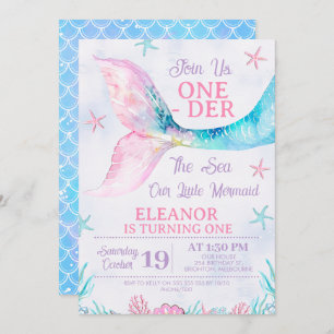 Watercolor Pink Mermaid Oneder the Sea Birthday Invitation