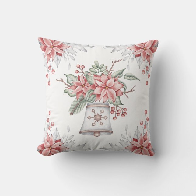 Watercolor Pink Mistletoe Christmas Bell  Throw Pillow (Front)