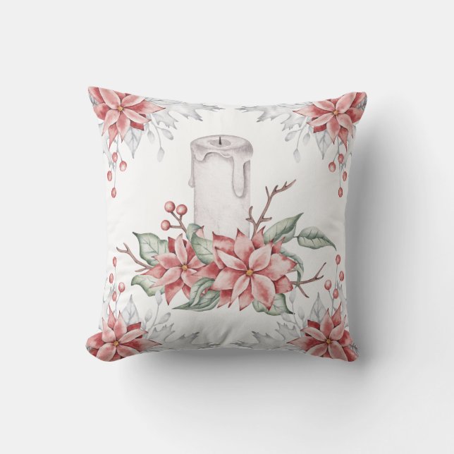 Watercolor Pink Mistletoe Christmas Candle    Throw Pillow (Front)