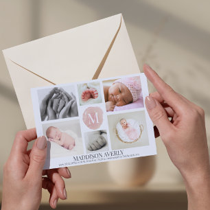 Watercolor Pink Monogram Photo Collage Girl Birth Announcement