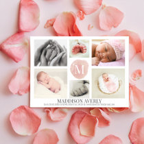 Watercolor Pink Monogram Photo Collage Girl Birth Announcement