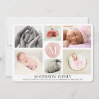Watercolor Pink Monogram Photo Collage Girl Birth Announcement