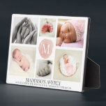 Watercolor Pink Monogram Photo Collage Girl Birth Plaque<br><div class="desc">Remember the arrival of your newborn baby girl with a stylish 6 photos collage, decorated with a monogram on pink watercolor background in the middle and customizable baby name and birth stats at the bottom. If you need help personalizing this birth announcement drop us a line here at the messenger....</div>