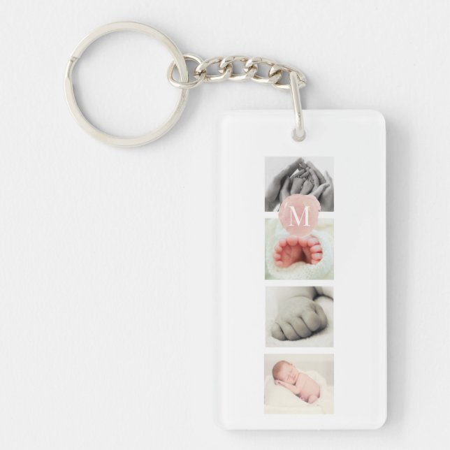 Watercolor Pink Monogram Photo Collage Girl Keychain (Front)