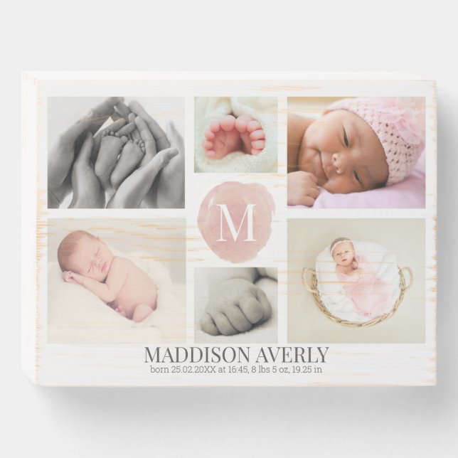 Watercolor Pink Monogram Photo Collage Girl Wooden Box Sign (Front Horizontal)