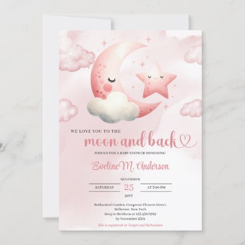 Watercolor pink moon and back girl baby shower invitation