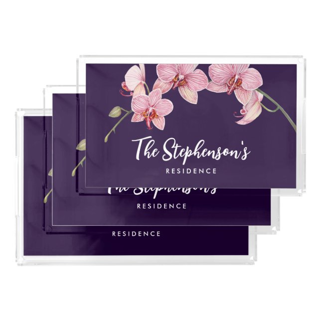 Watercolor Pink Moth Orchids Painting Acrylic Tray (Set)