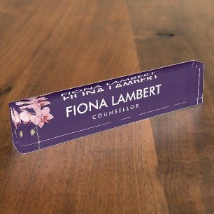 Watercolor Pink Moth Orchids Painting Desk Name Plate