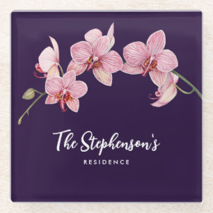 Watercolor Pink Moth Orchids Painting Glass Coaster