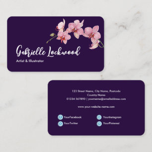 Watercolor Pink Moth Orchids Social Media Business Card