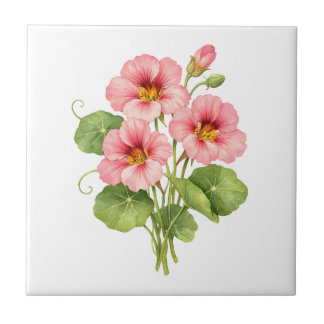 Watercolor Pink Nasturtium Flowers  Ceramic Tile