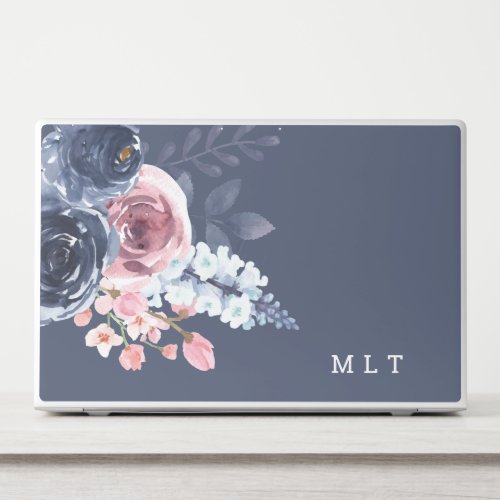 Watercolor Pink Navy Blue Elegant Floral Monogram HP Laptop Skin