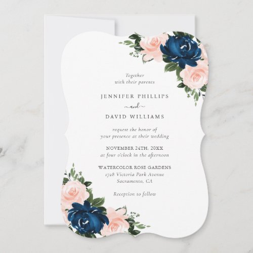 Watercolor Pink Navy Blue Floral Wedding Invitation
