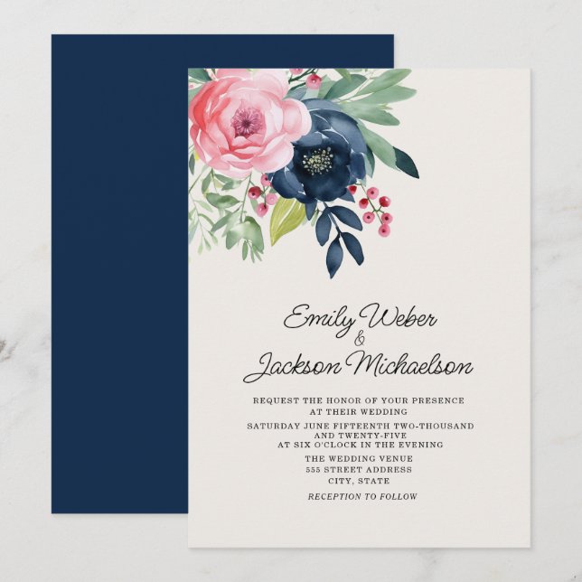Watercolor Pink Navy Blue Flowers Wedding Invitation (Front/Back)
