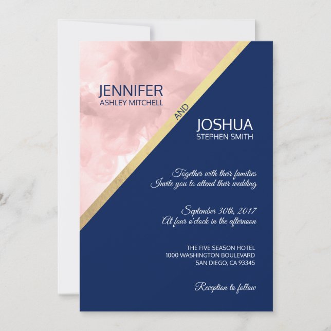 Watercolor Pink Navy Blue & Gold Foil Wedding Invitation (Front)