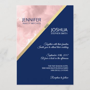 Watercolor Pink Navy Blue & Gold Foil Wedding Invitation by UniqueWeddingShop at Zazzle
