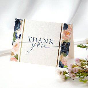 Watercolor Pink Navy Floral Border Bridal Shower Letterpress Thank You Card