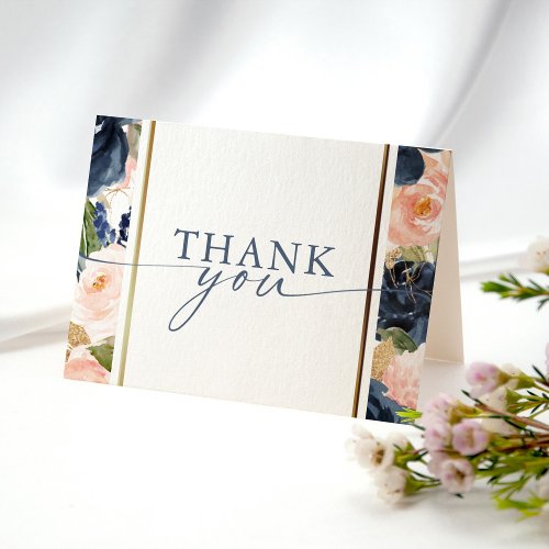 Watercolor Pink Navy Floral Border Bridal Shower Thank You Card