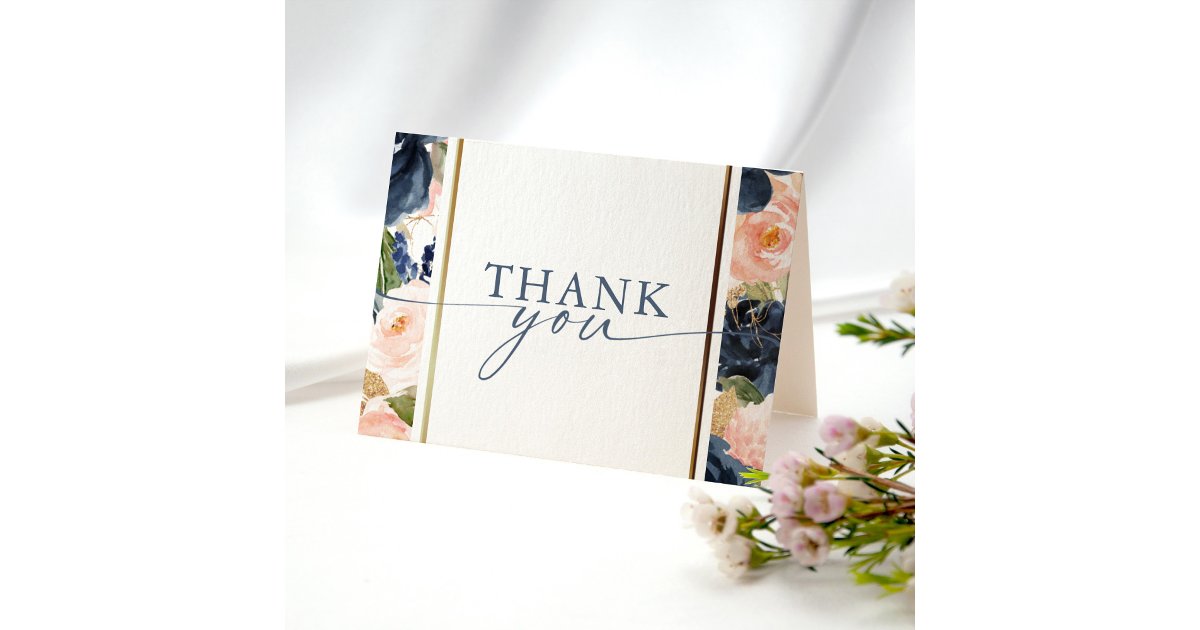 Watercolor Pink Navy Floral Border Bridal Shower Thank You Card | Zazzle