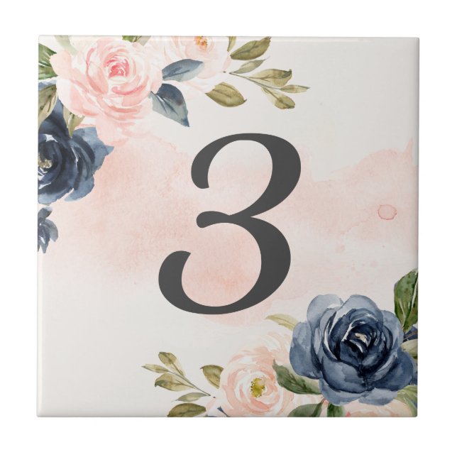 Watercolor Pink Navy Floral House Number  Ceramic Tile (Front)