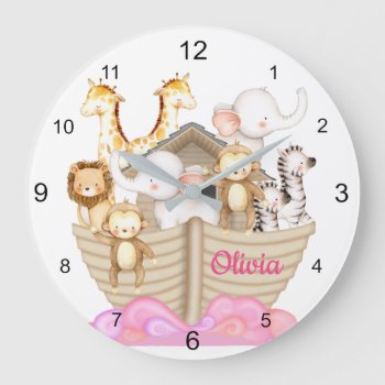 Watercolor Pink Noahs Ark Animals Baby Girl  Large Clock by decampstudios at Zazzle