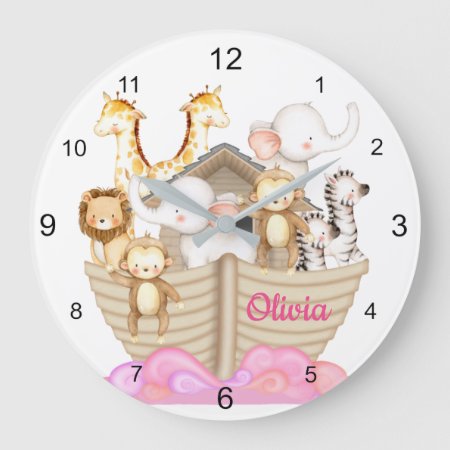 Watercolor Pink Noahs Ark Animals Baby Girl  Large Clock