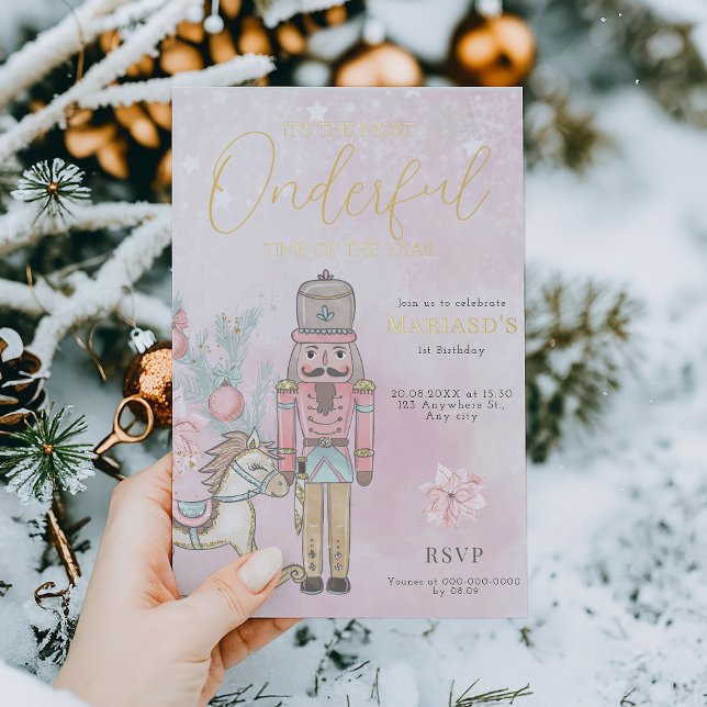 watercolor Pink Nutcracker 1st birthday Christmas  Foil Invitation (Creator Uploaded)
