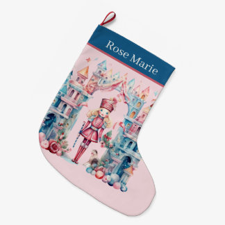 Watercolor pink nutcracker add name large christmas stocking