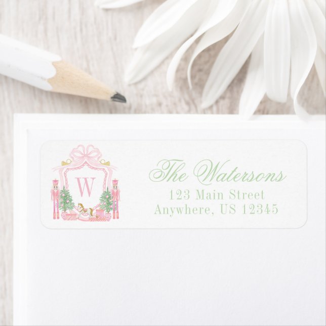 Watercolor Pink Nutcracker Monogram Crest Address Label (Insitu)