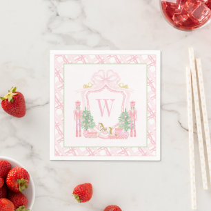 Watercolor Pink Nutcracker Monogram Crest Napkins