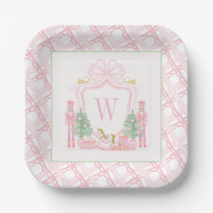 Watercolor Pink Nutcracker Monogram Crest Paper Plates