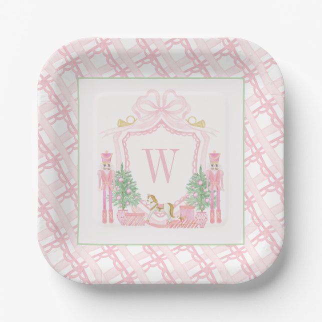 Watercolor Pink Nutcracker Monogram Crest Paper Plates (Front)